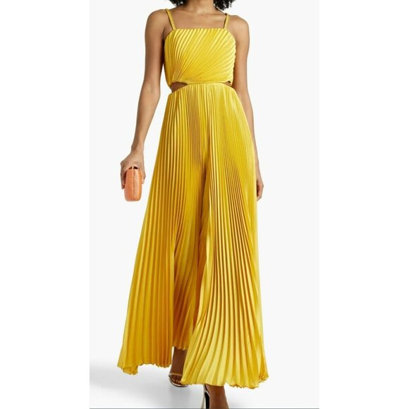 Alice + Olivia $595 Accordion Wide Leg Cut Out Yellow Jumpsuit Sz 6 NWT - Picture 1 of 8